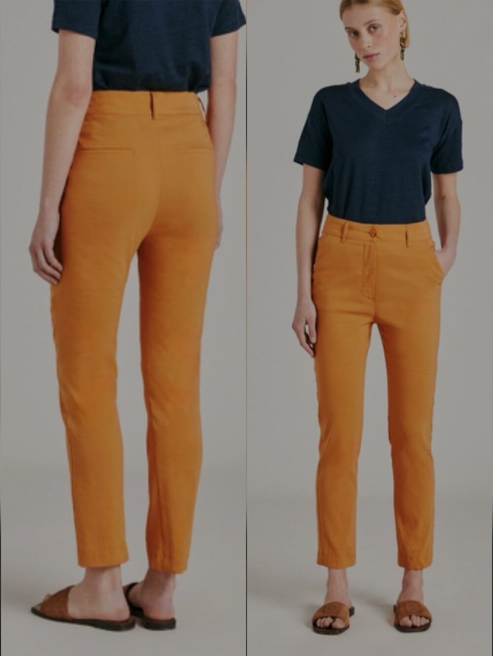 Momoni Lyon Cotton Linen  Textured Stretch Cigarette Pants In Papaya